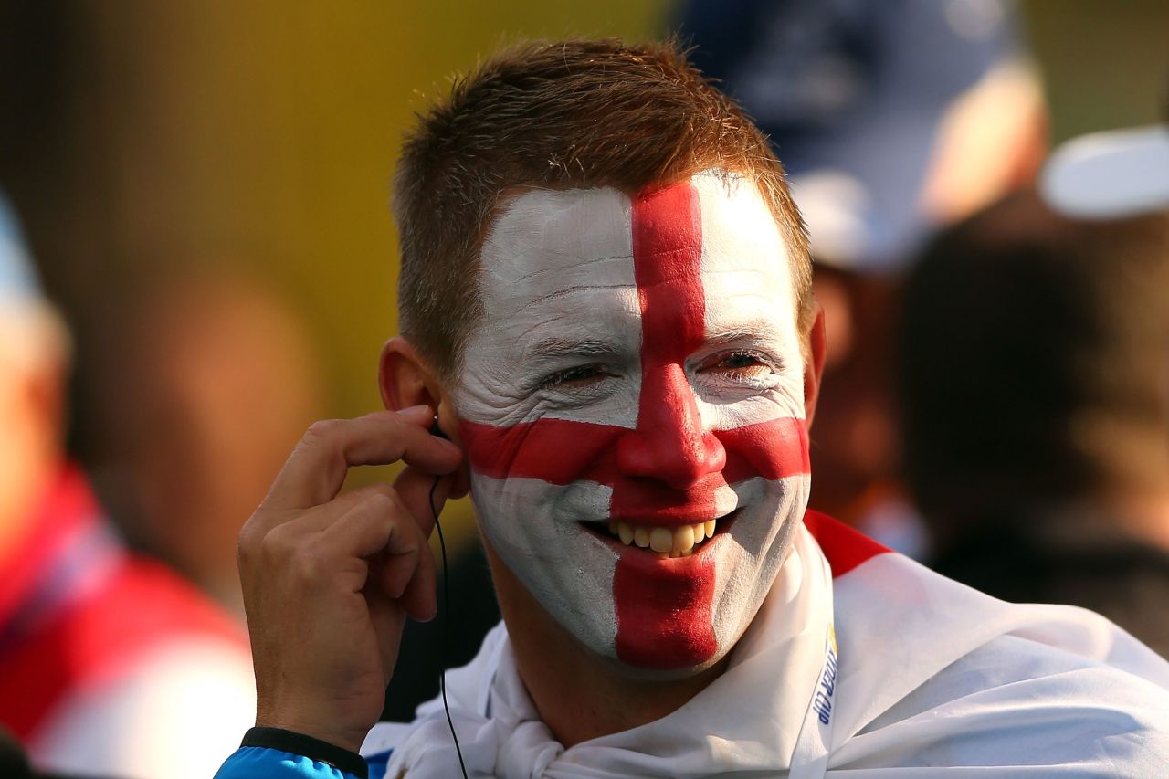 A European fan follows the play during the morning foursome matches at the 39th Ryder Cup.