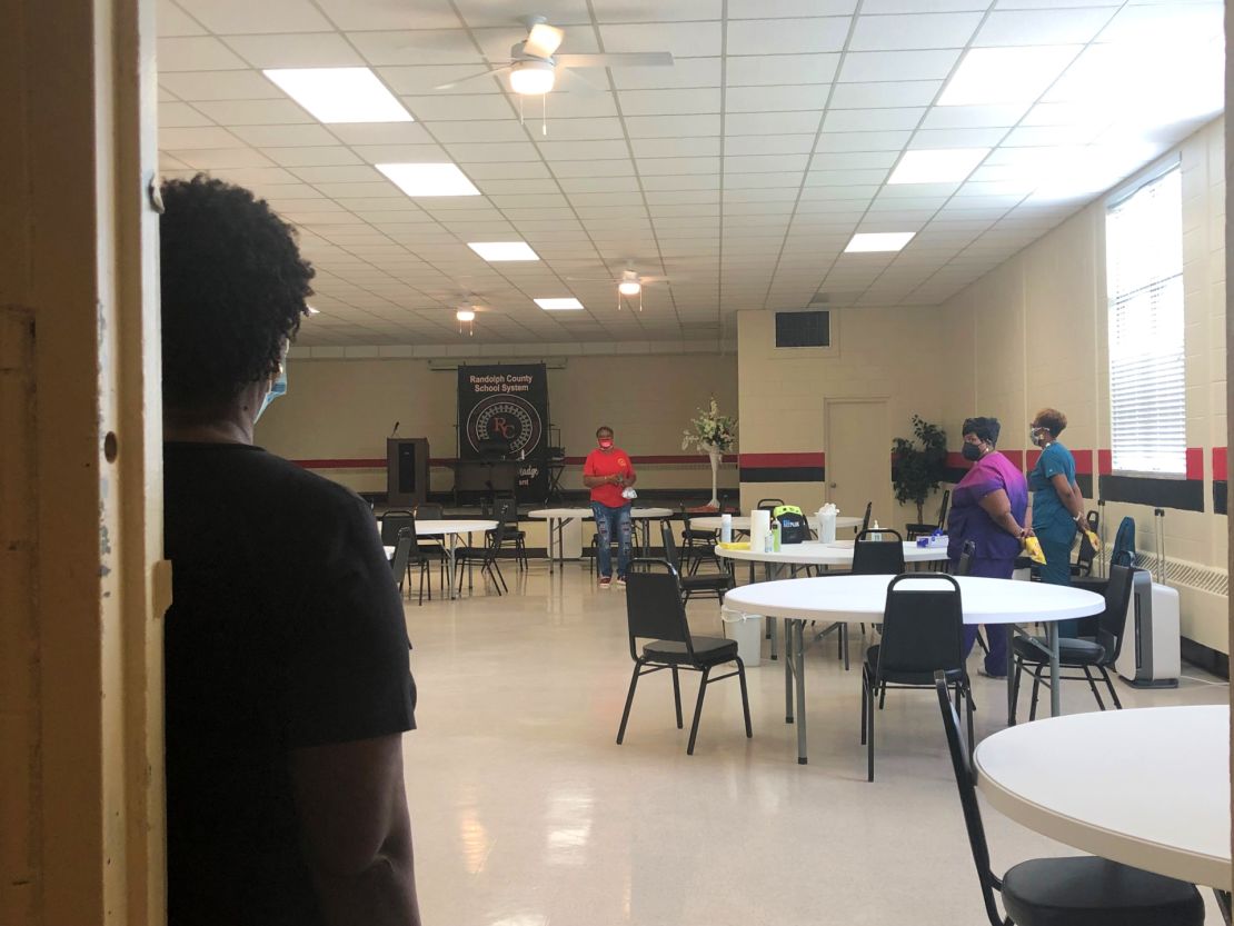 Volunteers wait for teens to show at their Vax to School event in Cuthbert, Georgia, this month.