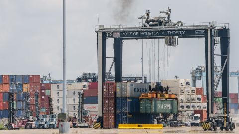 A container is shown being transported at the Port of Houston on July 29, 2021, in Houston, Texas. 