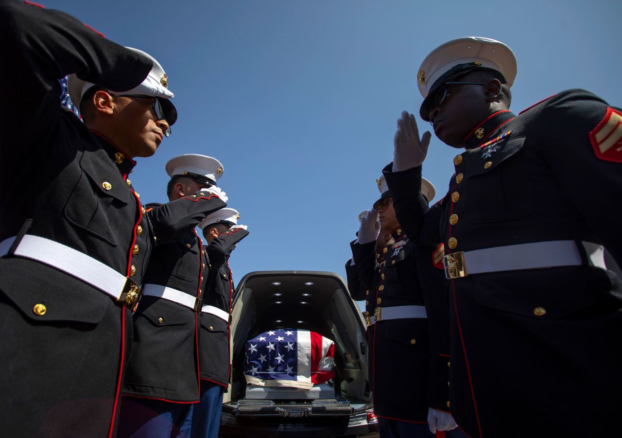 Funeral services are held for Marine Lance Cpt. Kareem Nikoui at the Harvest Christian Fellowship in Riverside, California, on Saturday, September 18. Nikoui, 20, was <a href="https://www.cnn.com/2021/08/27/us/kabul-attack-us-service-members-killed/index.html" target="_blank">one of 13 US service members who were killed</a> in an attack in Kabul, Afghanistan, on August 26.