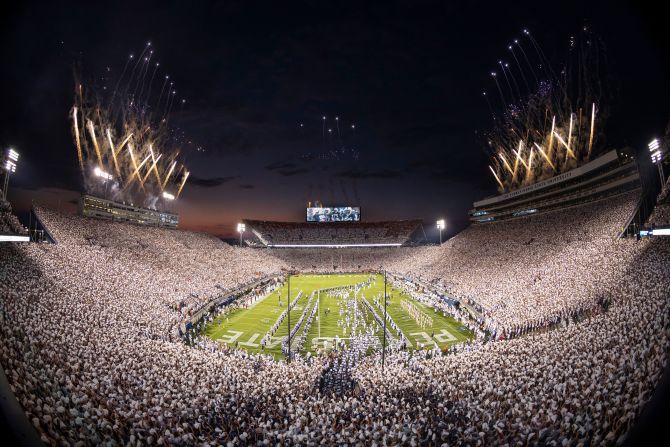 STATE COLLEGE, PA - SEPTEMBER 18: A general view of fireworks as the Penn State Nittany Lions take the field before the whiteout game against the Auburn Tigers at Beaver Stadium on September 18, 2021 in State College, Pennsylvania. (Photo by Scott Taetsch/Getty Images)