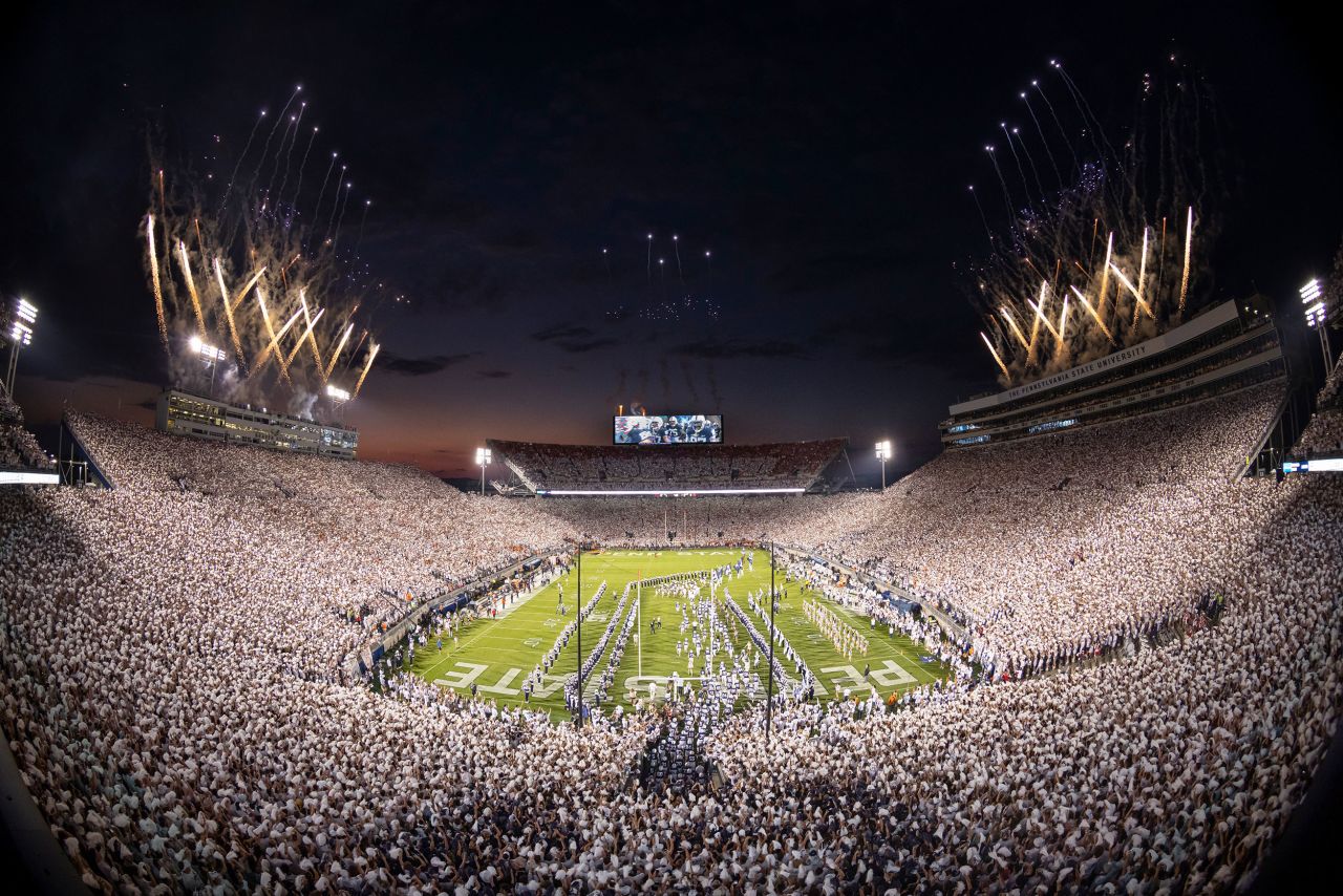 Fireworks explode on Saturday, September 18, as the Penn State Nittany Lions take the field before the "White Out" college football game against the Auburn Tigers at Beaver Stadium in State College, Pennsylvania.