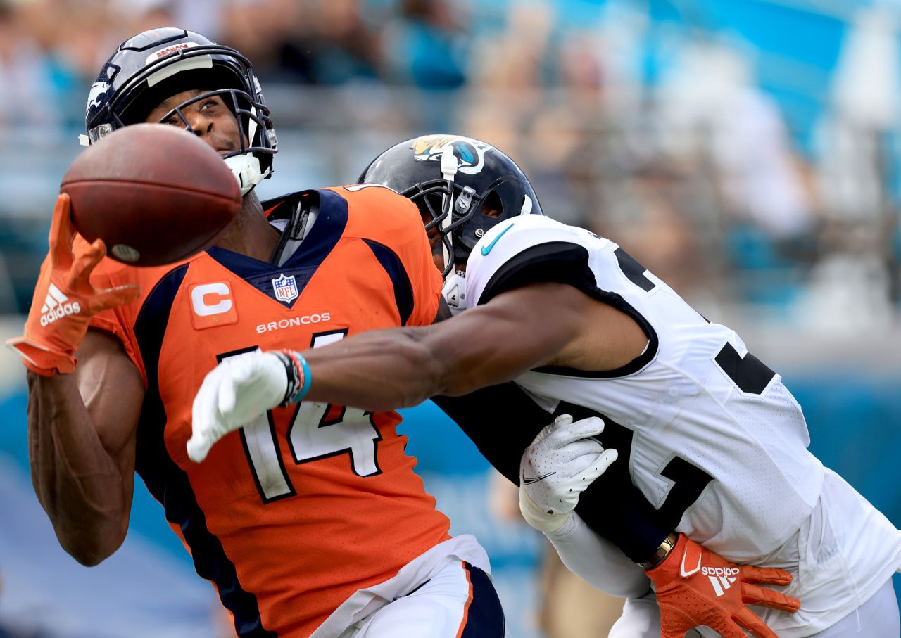 Cornerback Tyson Campbell of the Jacksonville Jaguars breaks up a pass to wide receiver Courtland Sutton of the Denver Broncos during the fourth quarter of a National Football League game at TIAA Bank Field in Jacksonville, Florida, on Sunday, September 19.