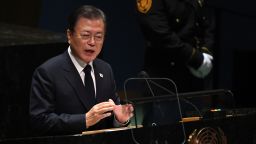 NEW YORK, NEW YORK - SEPTEMBER 21: South Korea's President Moon Jae-in addresses the 76th Session of the U.N. General Assembly on September 21, 2021 at U.N. headquarters in New York City. More than 100 heads of state or government are attending the session in person, although the size of delegations is smaller due to the Covid-19 pandemic. (Photo by Timothy A. Clary-Pool/Getty Images)