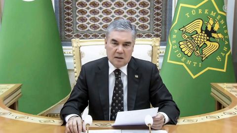 Turkmenistan's President Gurbanguly Berdymukhamedov remotely addresses the 76th session of the UN General Assembly in a pre-recorded message on September 21, 2021.