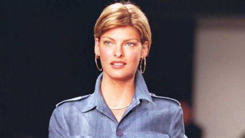 Model Linda Evangelista walks the runway at the launch of Ralph Lauren's Spring 1996 collection at New York Fashion Week.