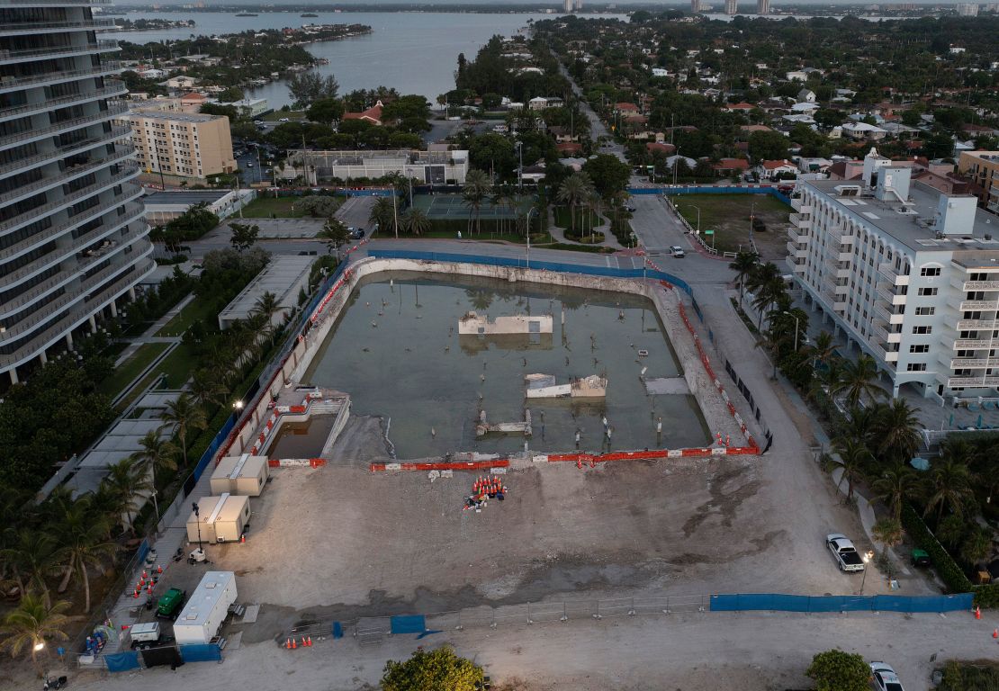 In this aerial view on July 31, 2021, the cleared lot where the collapsed 12-story Champlain Towers South condo building once stood in Surfside, Florida.  