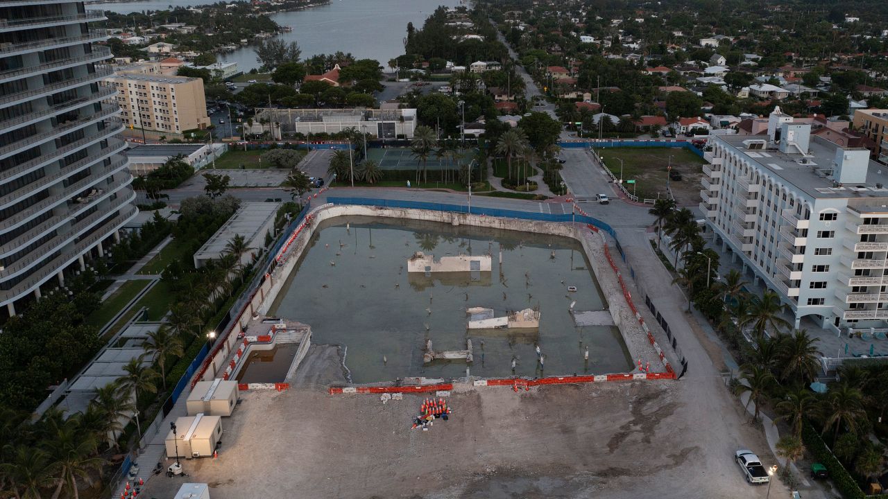 In this aerial view on July 31, 2021, the cleared lot where the collapsed 12-story Champlain Towers South condo building once stood in Surfside, Florida.  