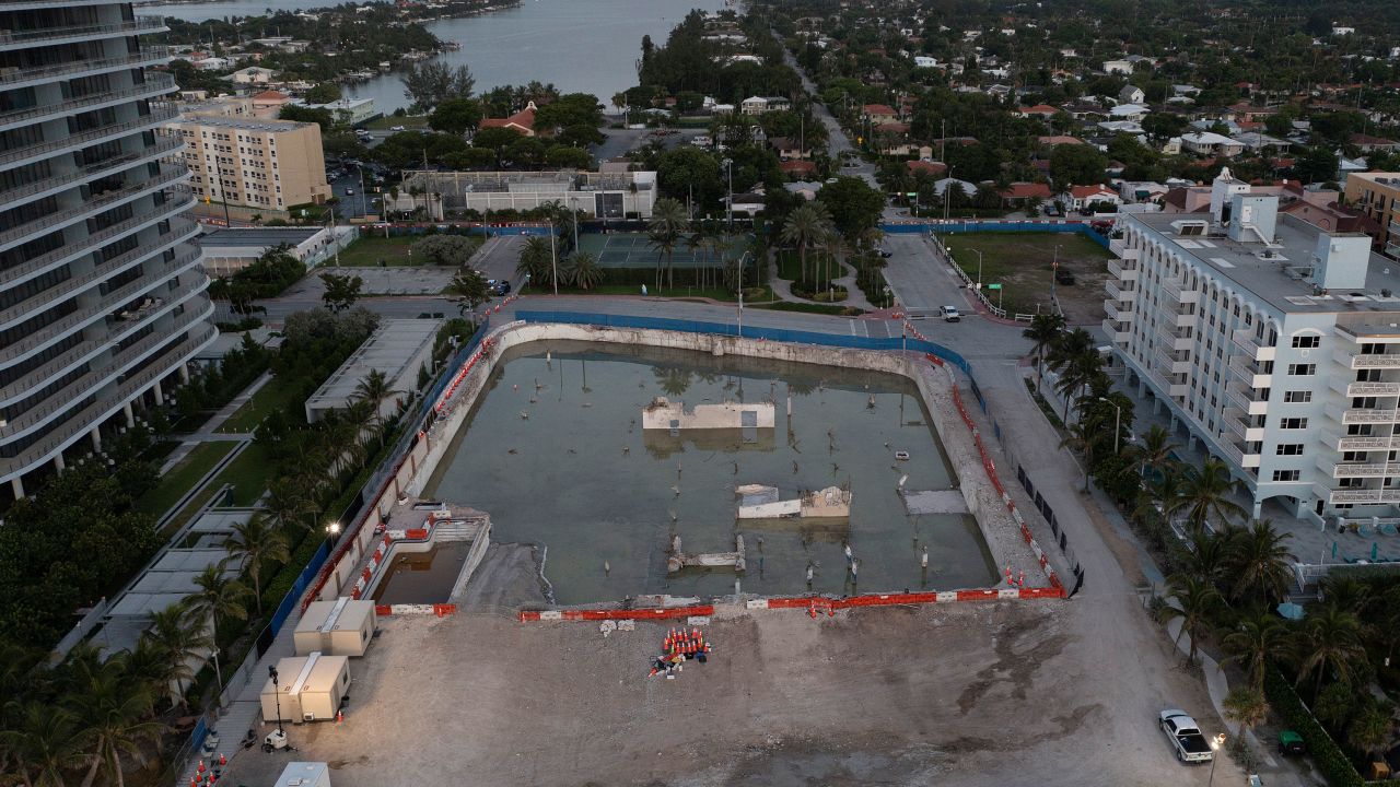 In this aerial view on July 31, 2021, the cleared lot where the collapsed 12-story Champlain Towers South condo building once stood in Surfside, Florida.