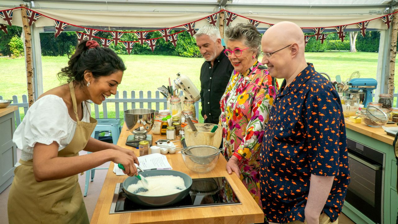 Matt, Prue and Paul with Crystelle, Season 5 of "Great British Bake Off"