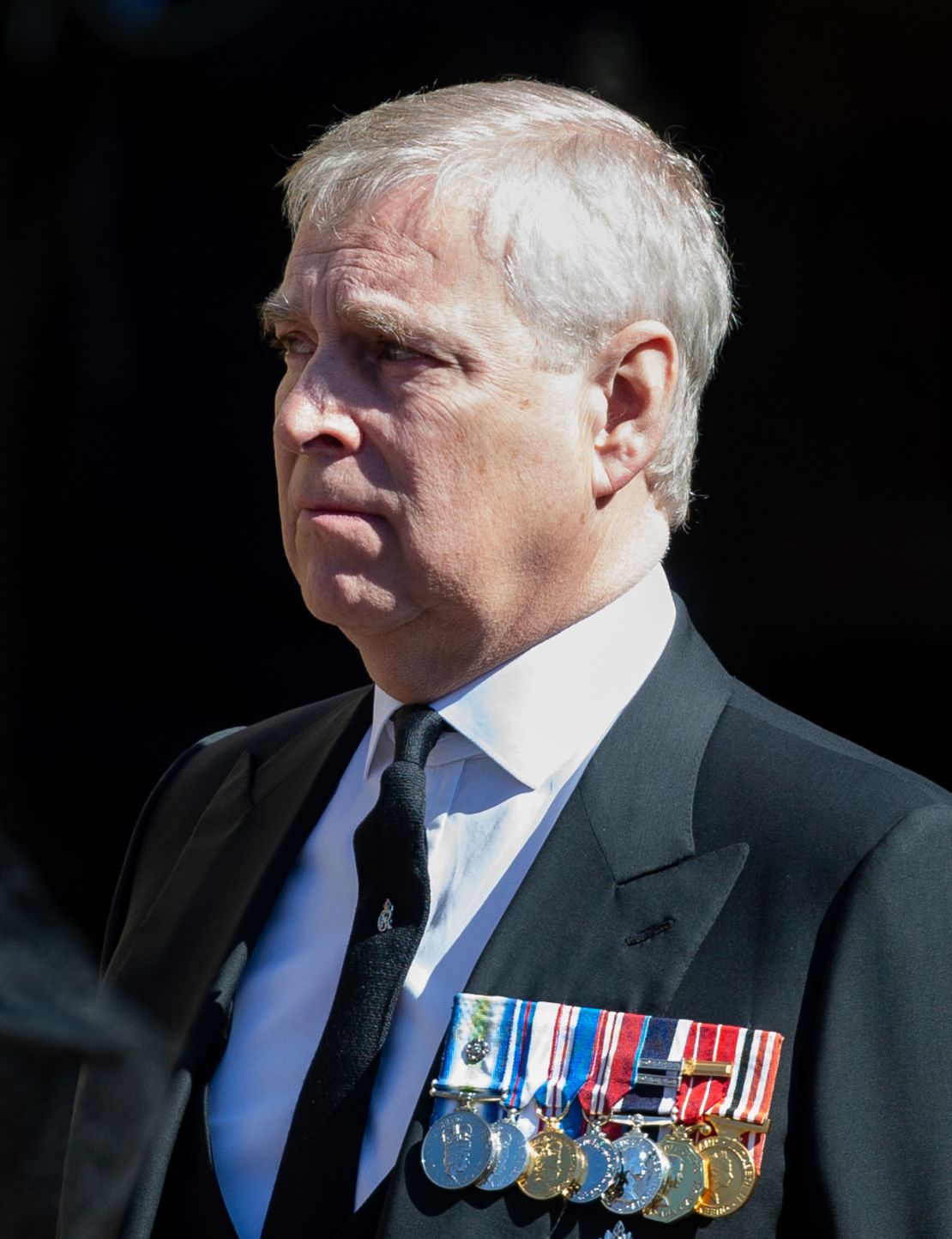 Prince Andrew, Duke of York looks toward the coffin of Prince Philip in April.