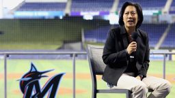 General Manager of the Miami Marlins Kim Ng speaks to the media after the press conference to announce loanDepot as the exclusive naming rights partner for loanDepot Park, formerly known as Marlins Park on March 31, 2021 in Miami, Florida. ]