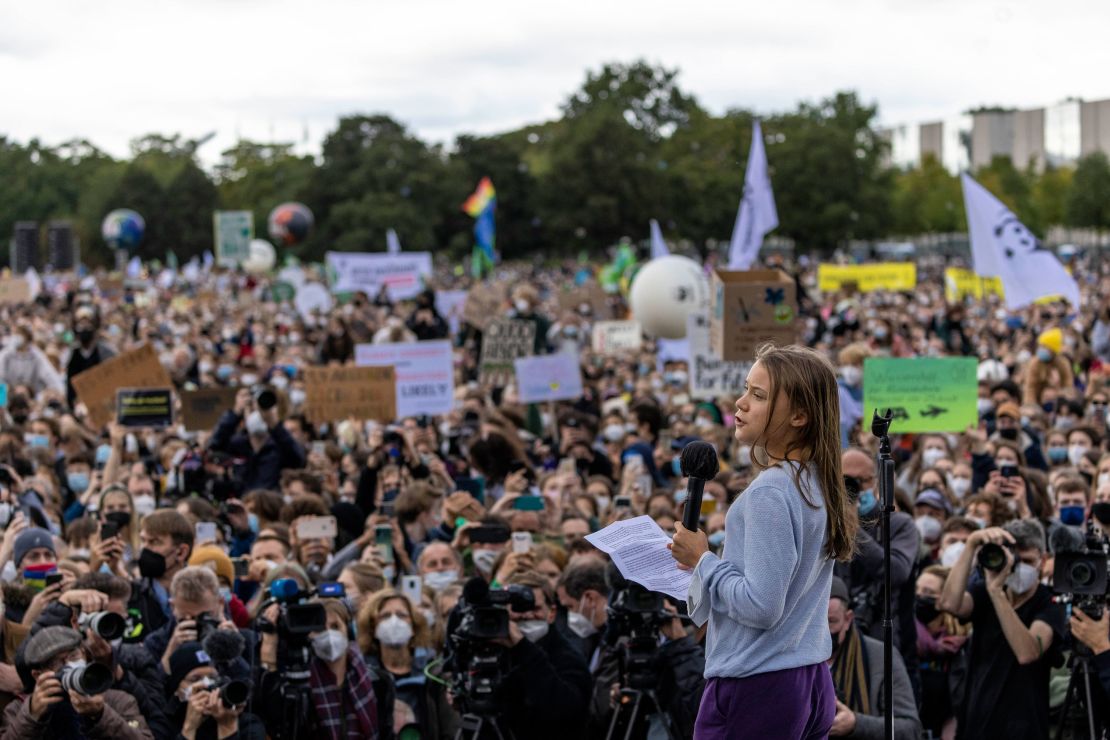 Thunberg speaking at a youth climate march in Berlin on Friday. 