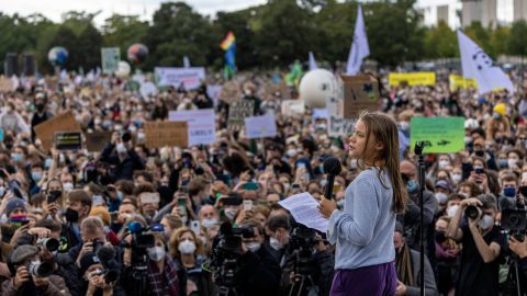 Thunberg speaking at a youth climate march in Berlin on Friday. 