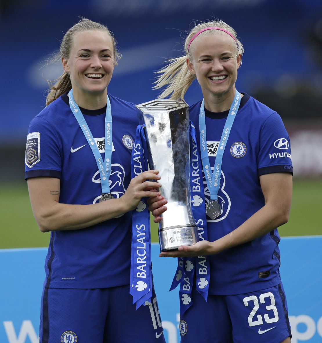 Magdalena Eriksson and Pernille Harder celebrate winning the Women's Super League in May 2021.