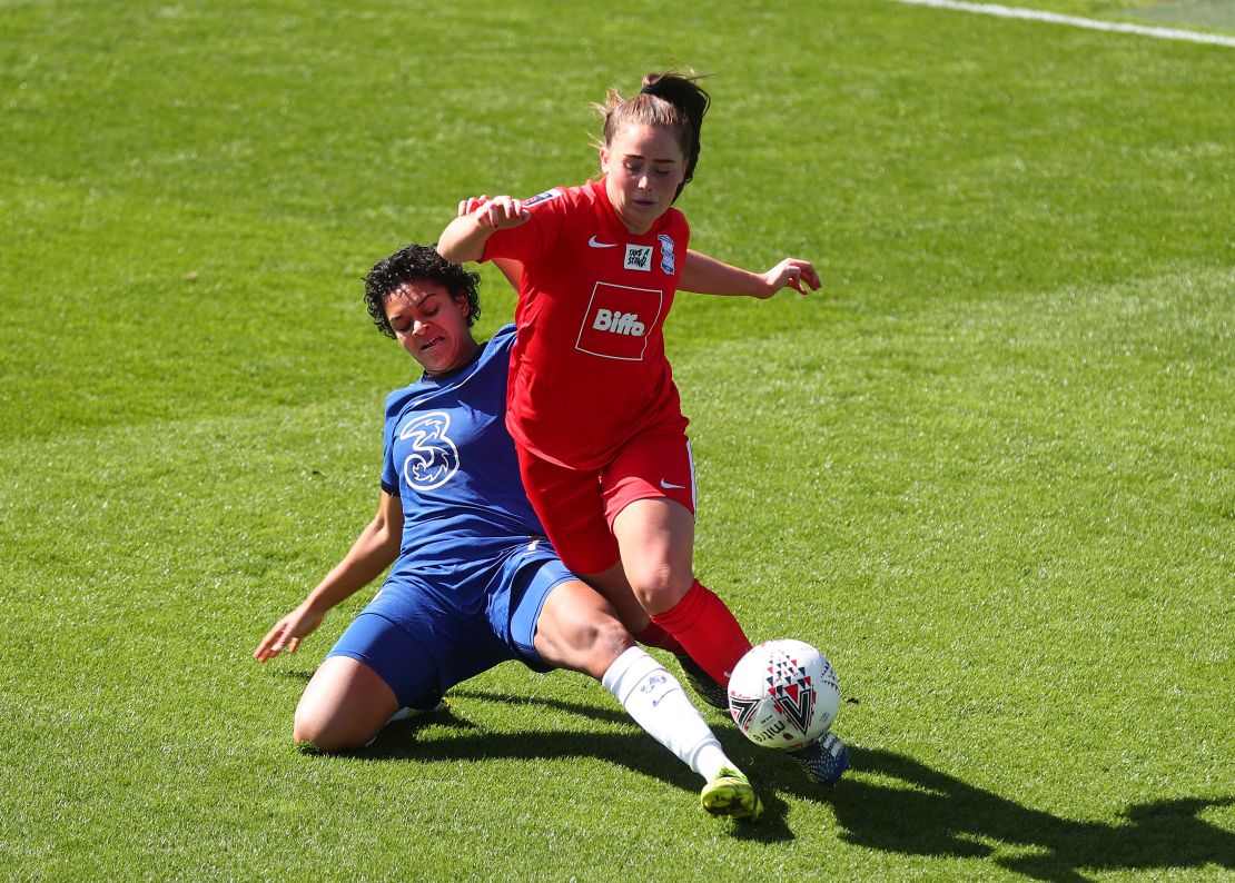 Chelsea;s Jess Carter of Chelsea tackles Jamie-Lee Napier of Birmingham City during the Women's Super League match at Kingsmeadow on April 4, 2021 in Kingston upon Thames.