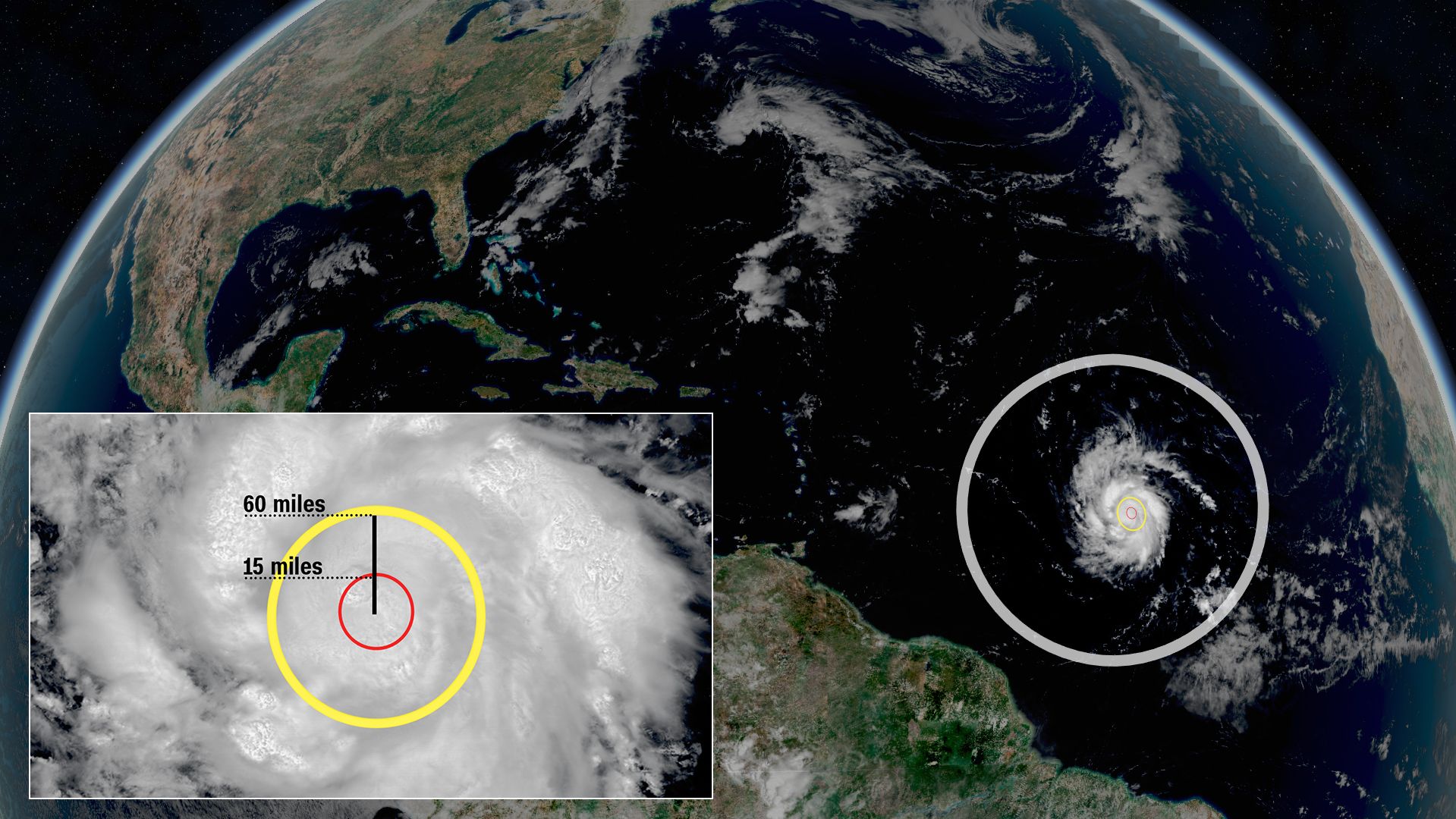 The approximate wind field of Hurricane Sam on September 24, 2021 showing it's very small size. Red shows the approximate hurricane-force winds and yellow shows approximate tropical storm-force winds.
