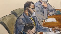 In this courtroom sketch, R. Kelly, center, sits with his defense attorneys Thomas Farinella, top, and Nicole Blank Becker during the first day of his defense in his sex trafficking case, Monday, Sept. 20, 2021, in New York. 