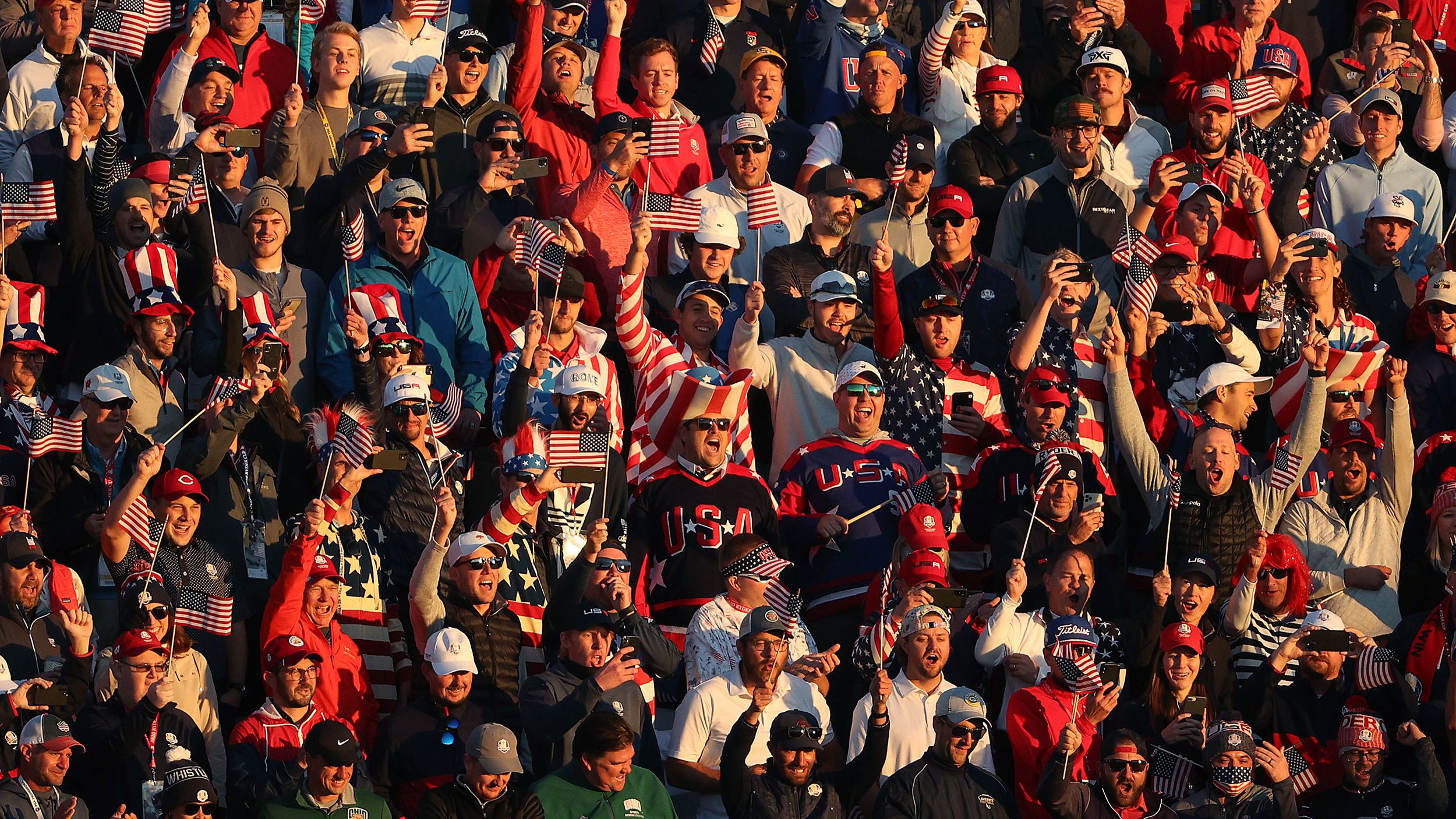 Fans cheer during Friday morning Foursome matches of the 43rd Ryder Cup.