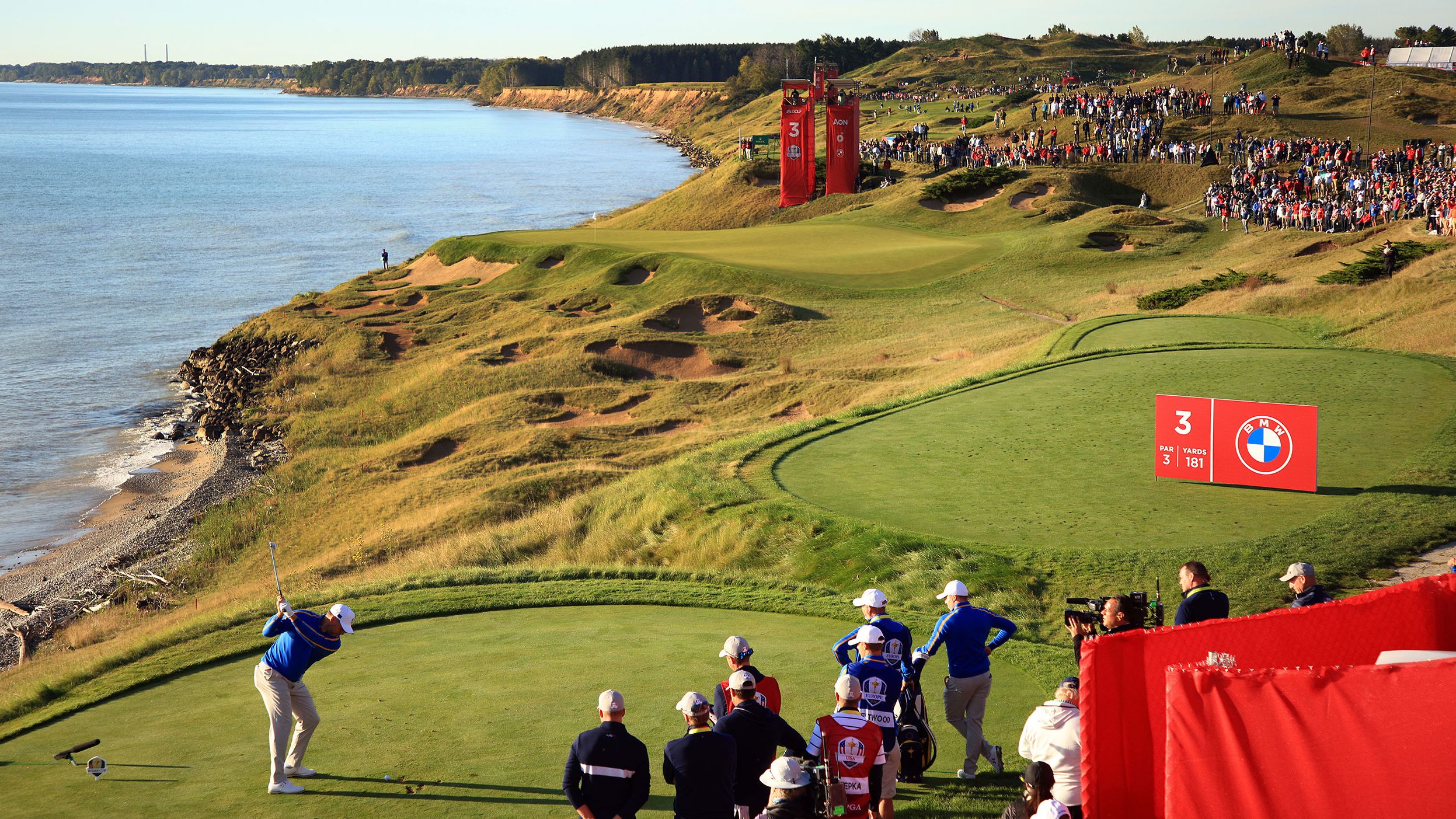 Lee Westwood plays his shot from the third tee during Friday morning Foursome matches.