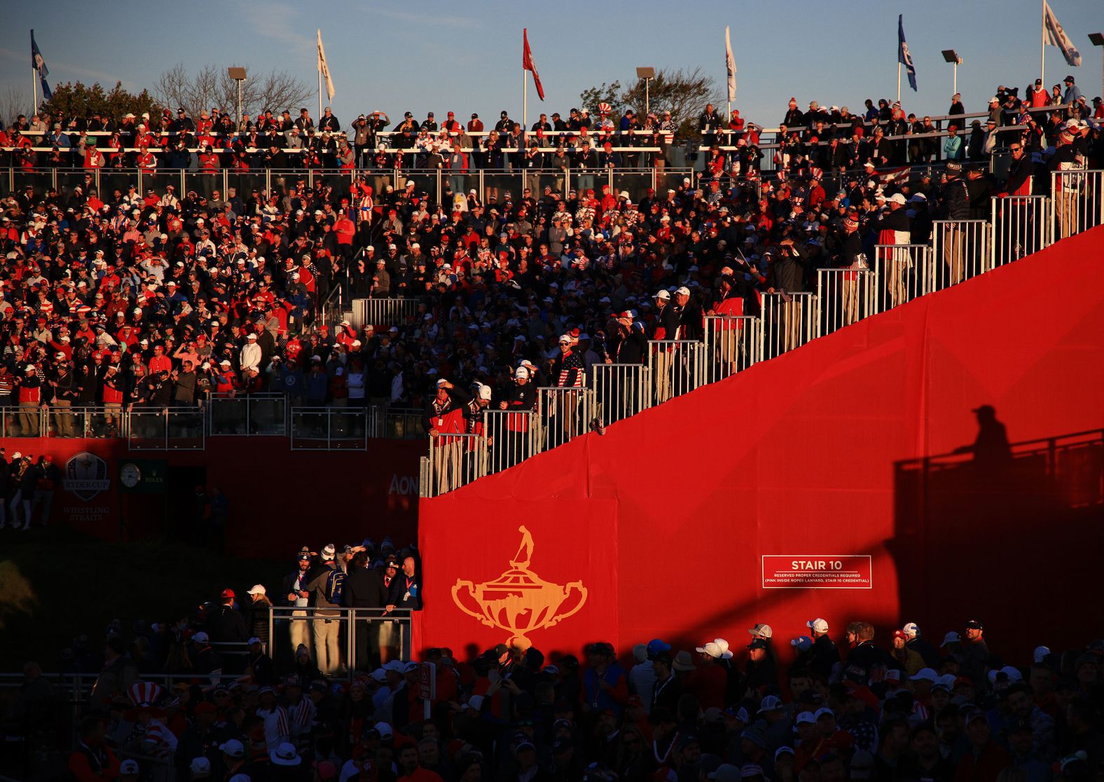 A general view of the grandstand at the first tee during Friday morning Foursome matches.