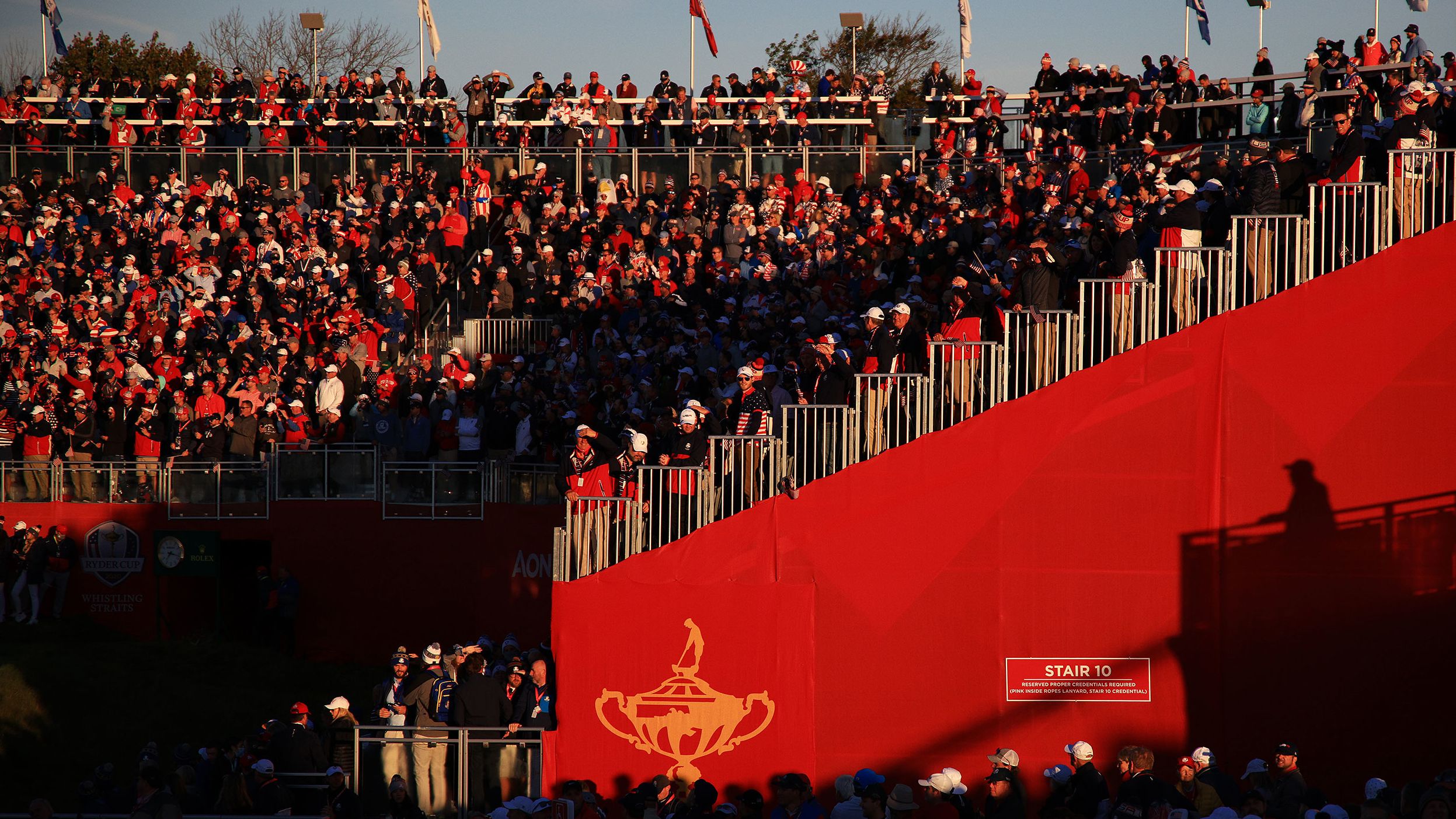 A general view of the grandstand at the first tee during Friday morning Foursome matches.