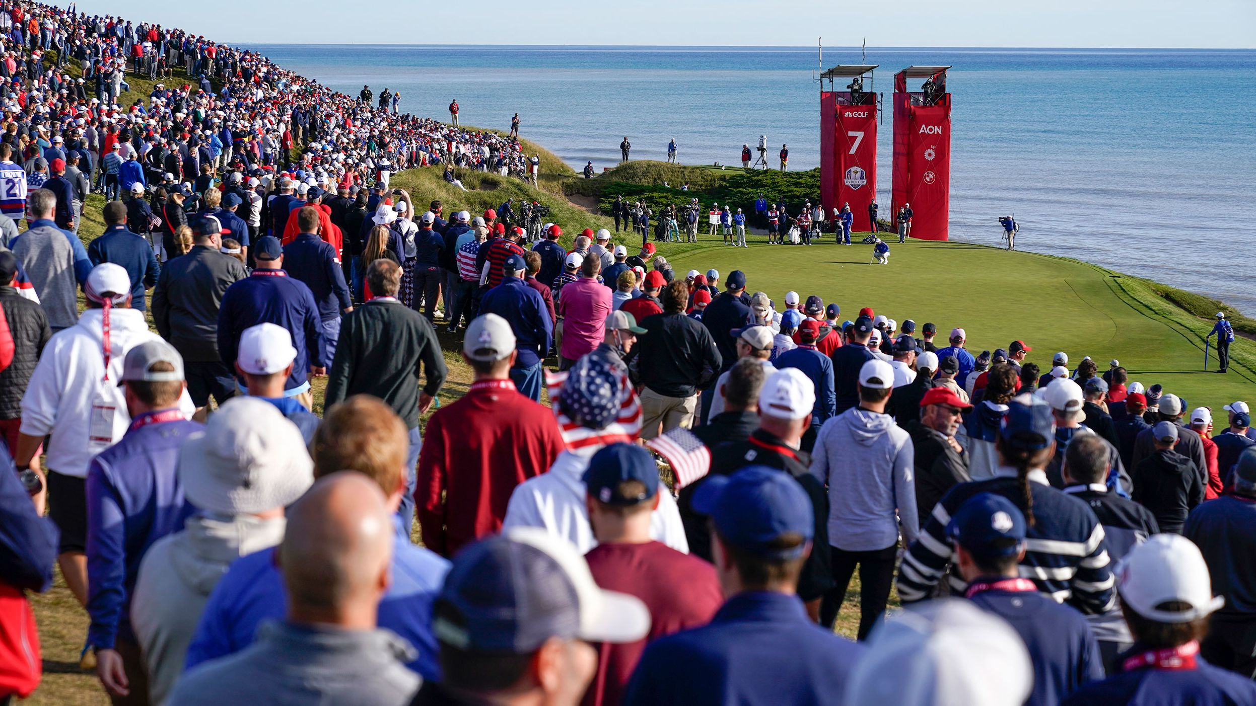 Rahm lines up a putt on the seventh hole.