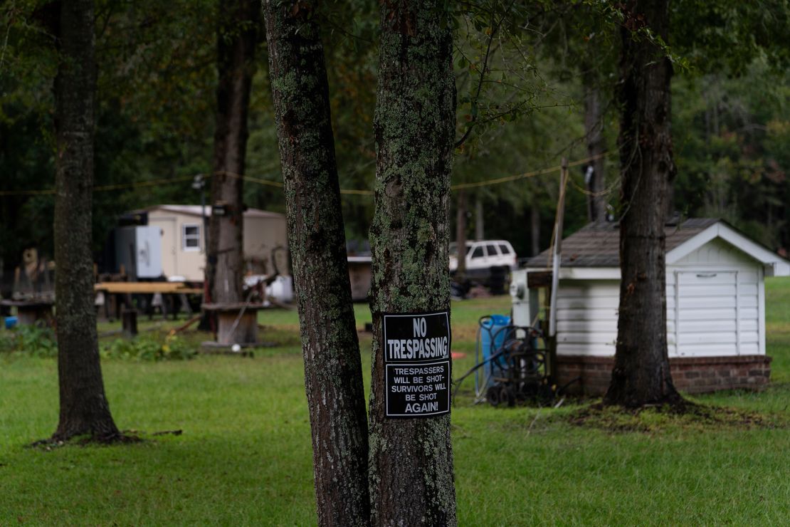 A "No Trespassing" sign is seen on Curtis Smith's property in Walterboro, South Carolina.