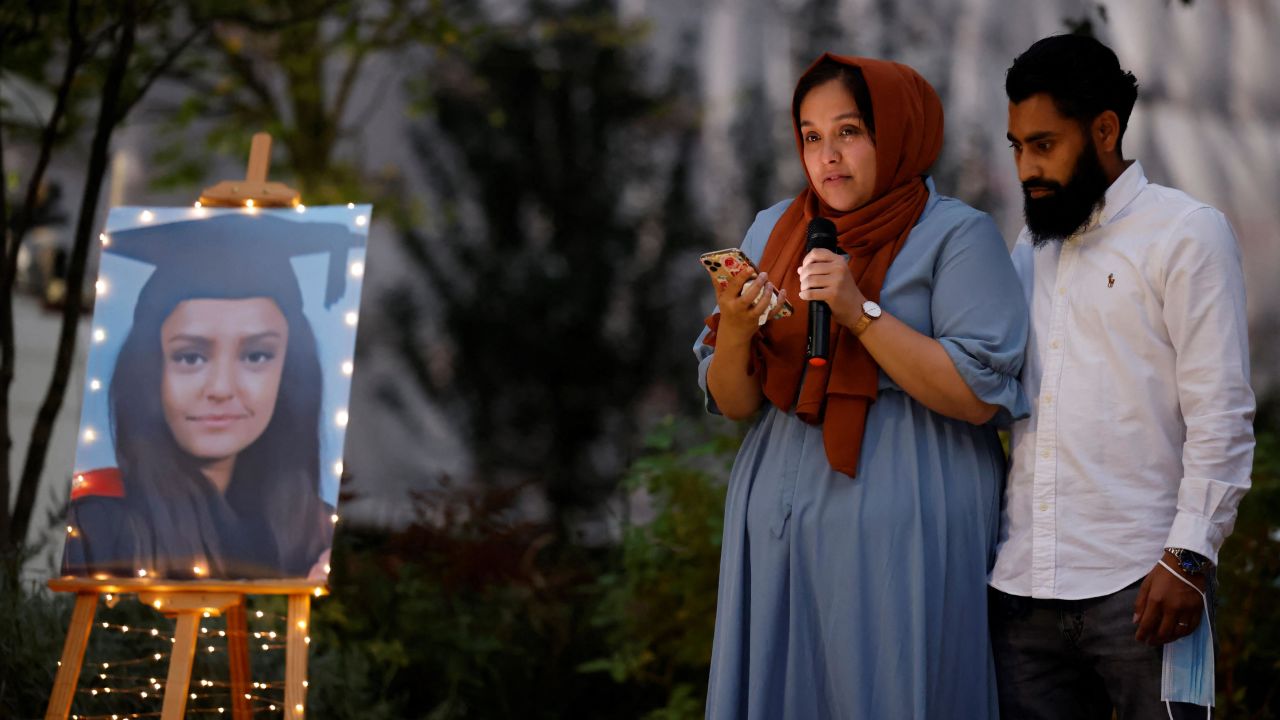 Jebina Nessa pays tribute to her sister Sabina during a vigil in London on Friday. 