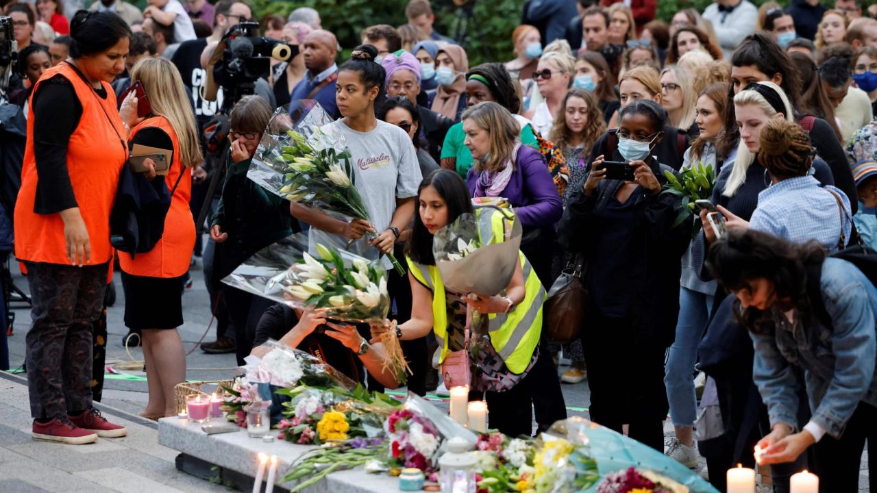 Well-wishers lay floral tributes ahead of a vigil for Nessa, whose body was found near the Onespace community centre in southeast London on September 24, 2021.
