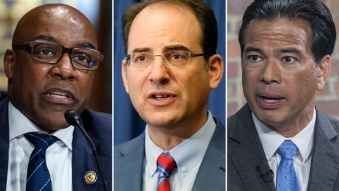 Attorneys General Kwame Raoul of Illinois, left, Phil Weiser of Colorado and Rob Bonta of California used their authority to investigate local police departments.