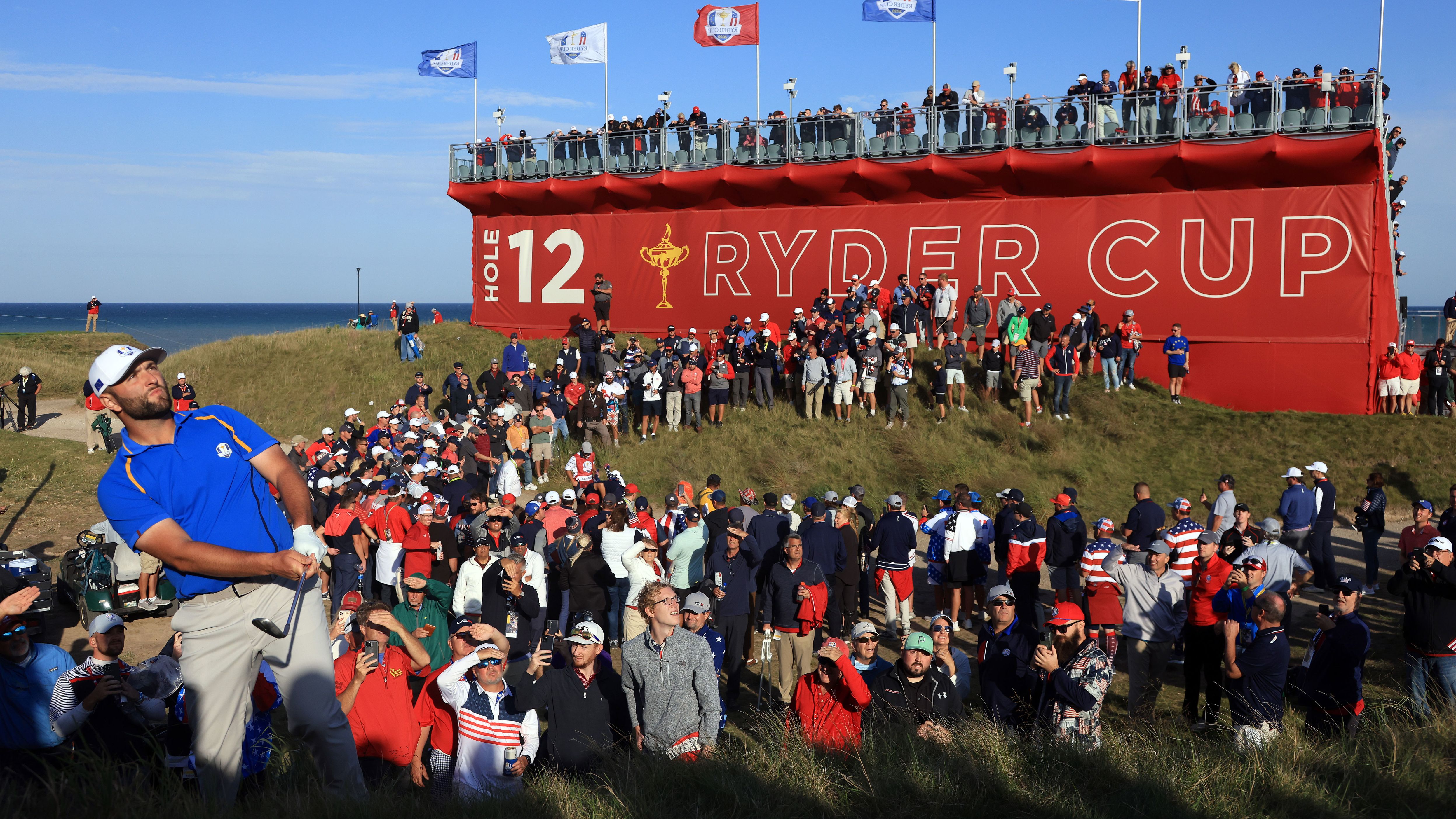 Jon Rahm plays his shot on the 15th hole during his Fourball match.