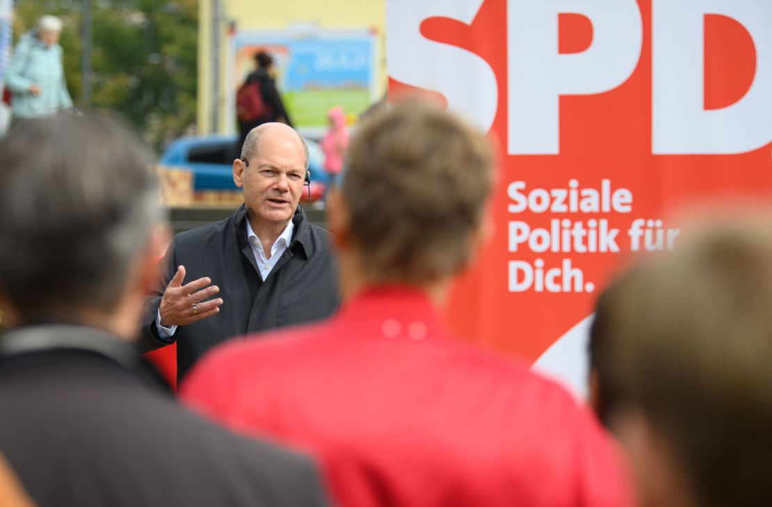 Olaf Scholz, German finance and SPD candidate for chancellor in the federal election, speaks at a campaign event in his constituency in Potsdam on Saturday.