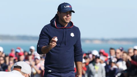 Koepka celebrates on the 15th green during Saturday morning Foursome Matches.
