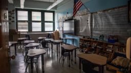 View of an empty classroom at P.S. 5 Port Morris, a Bronx elementary school, Tuesday, Aug. 17, 2021 in New York. (AP Photo/Brittainy Newman)