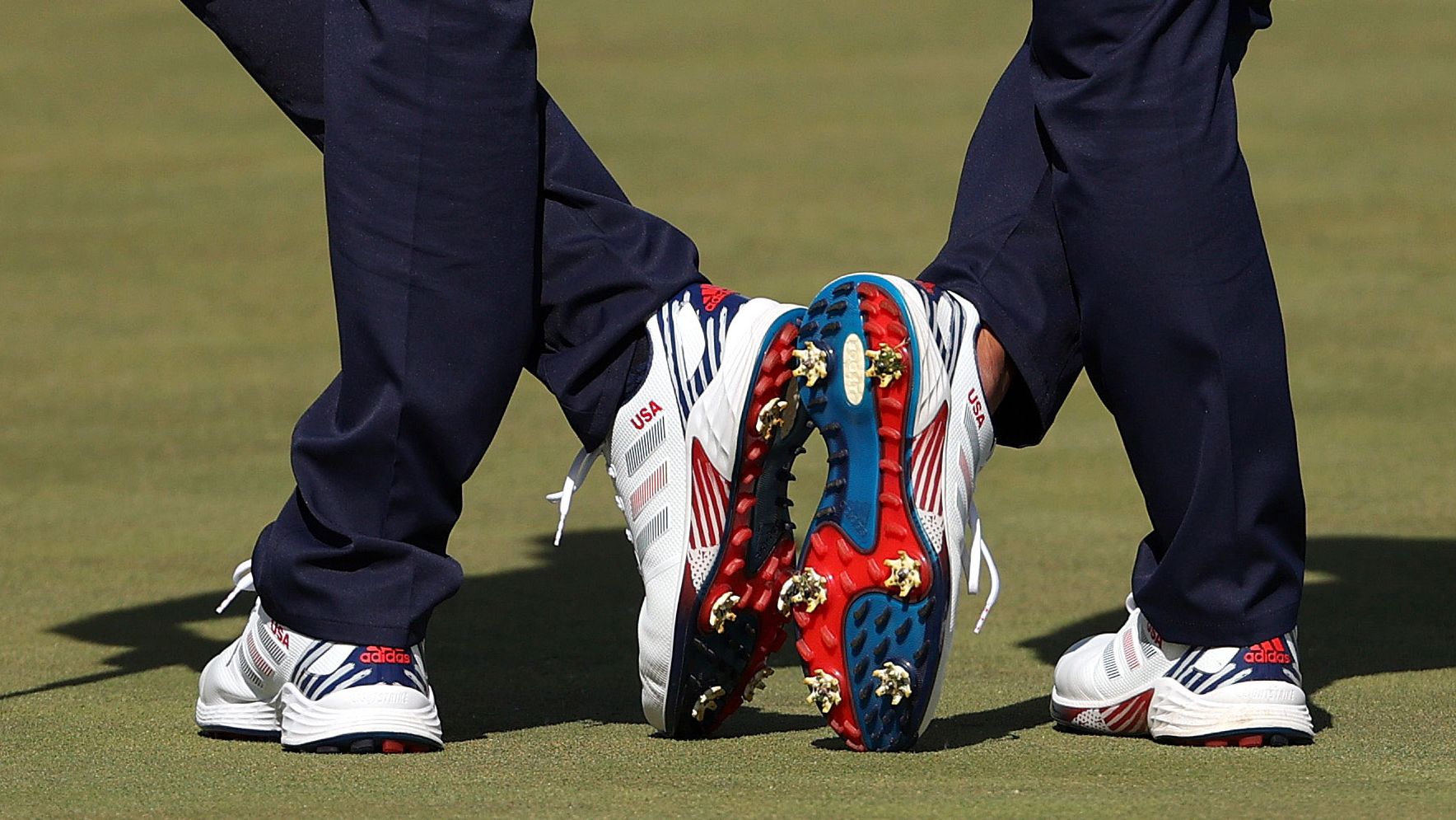 A view of the shoes worn by US pair Dustin Johnson and Collin Morikawa during Saturday morning's Foursome matches.