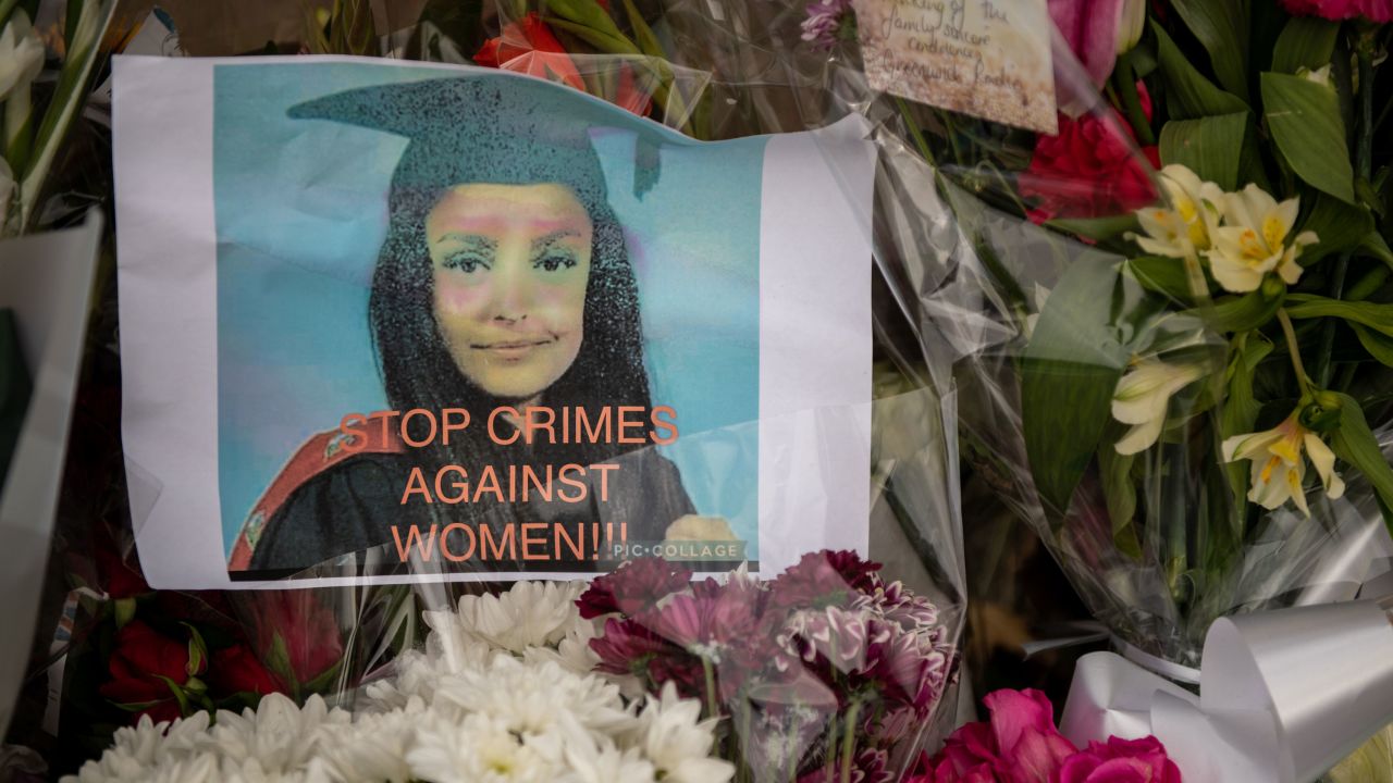 Tributes to Sabina Nessa are seen at a vigil in Cator Park in south London on September 26, 2021.
