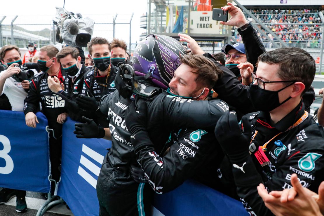Hamilton celebrates winning the Russian Grand Prix.