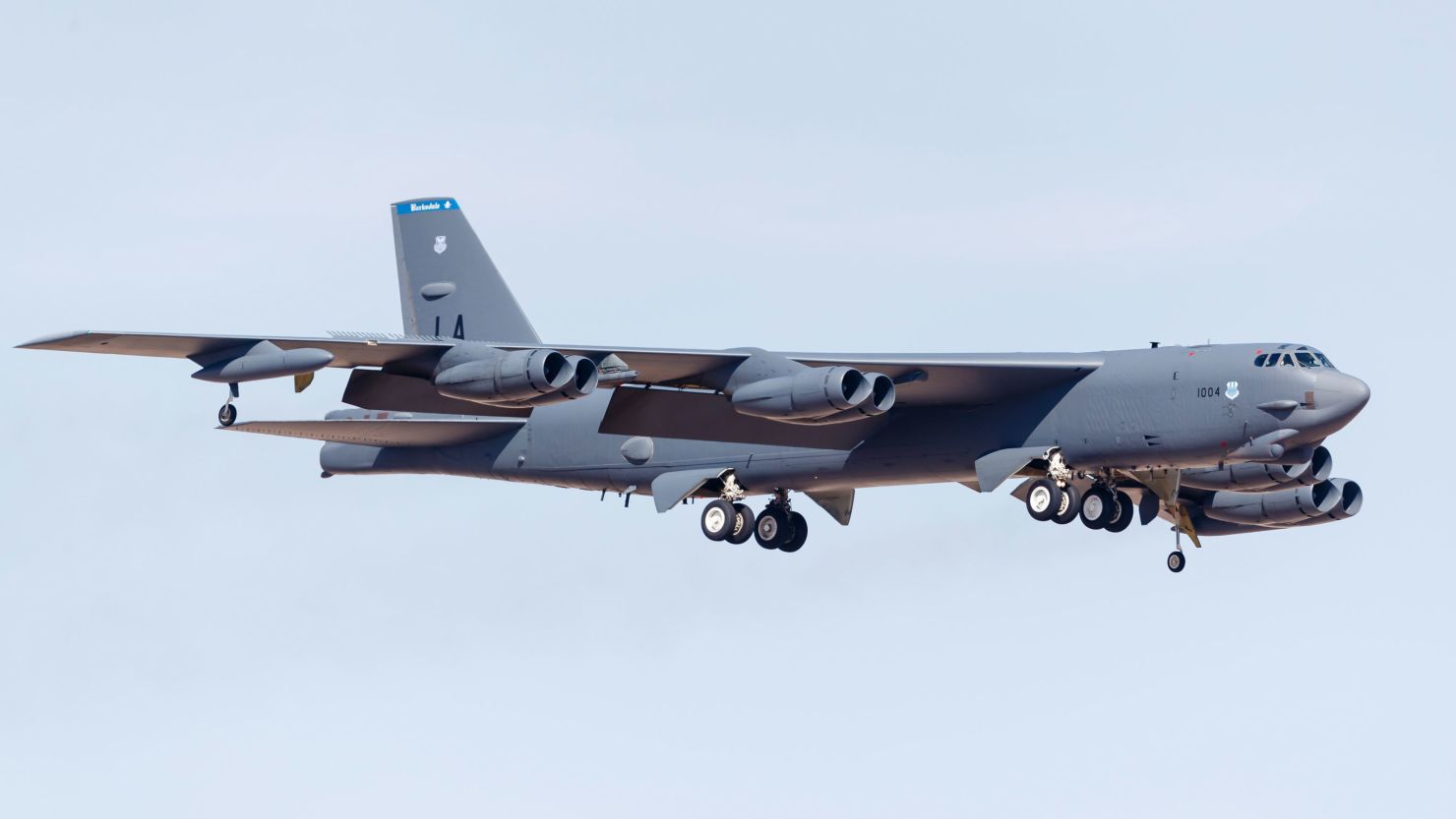 A file photo of a US Air Force B-52H Stratofortress on final approach to Nellis Air Force Base, Nevada, after a Red Flag mission.