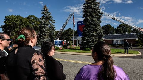Mourners gather at a funeral home to pay respects to Gabby Petito on September 26, 2021 in Holbrook, New York. 