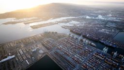 LOS ANGELES, CALIFORNIA - SEPTEMBER 20: In an aerial view, shipping containers and container ships are seen at the Port of Los Angeles on September 20, 2021 near Los Angeles, California. Amid nationwide record-high demand for imported goods and supply chain issues, the twin ports of Los Angeles and Long Beach are currently seeing unprecedented congestion. On September 17, there were a record total of 147 ships, 95 of which were container ships, in the twin ports, which move about 40 percent of all cargo containers entering the U.S. (Photo by Mario Tama/Getty Images)