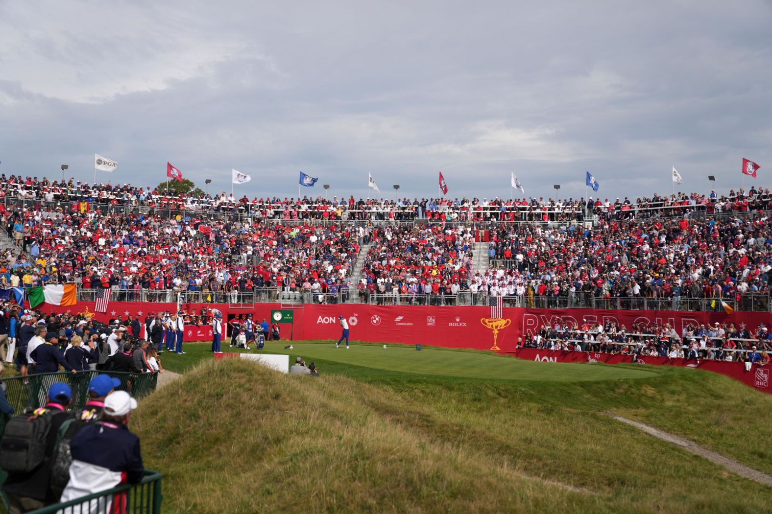 Rory McIlroy hits his tee shot on the first hole during the Sunday Singles matches.