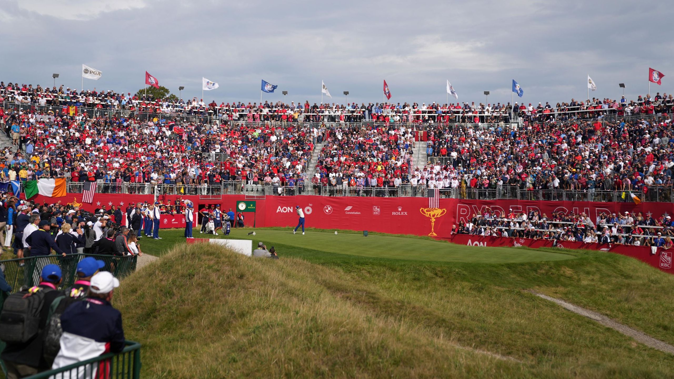 Rory McIlroy hits his tee shot on the first hole during the Sunday Singles matches.
