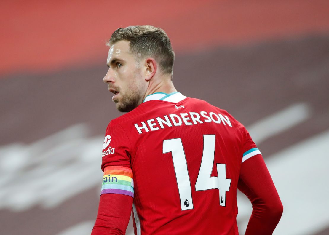Liverpool's Jordan Henderson wears a rainbow coloured captain's armband in support of the Rainbow Laces campaign during a match