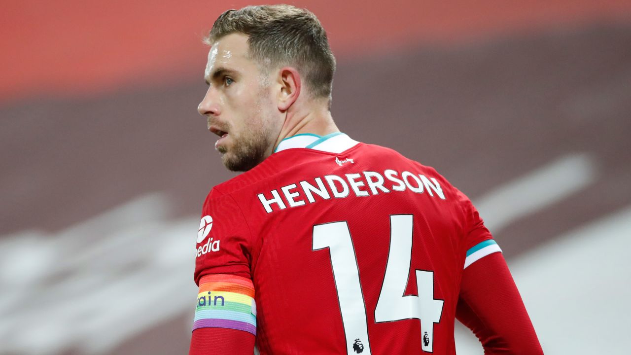 Liverpool's Jordan Henderson wears a rainbow coloured captain's armband in support of the Rainbow Laces campaign during a match