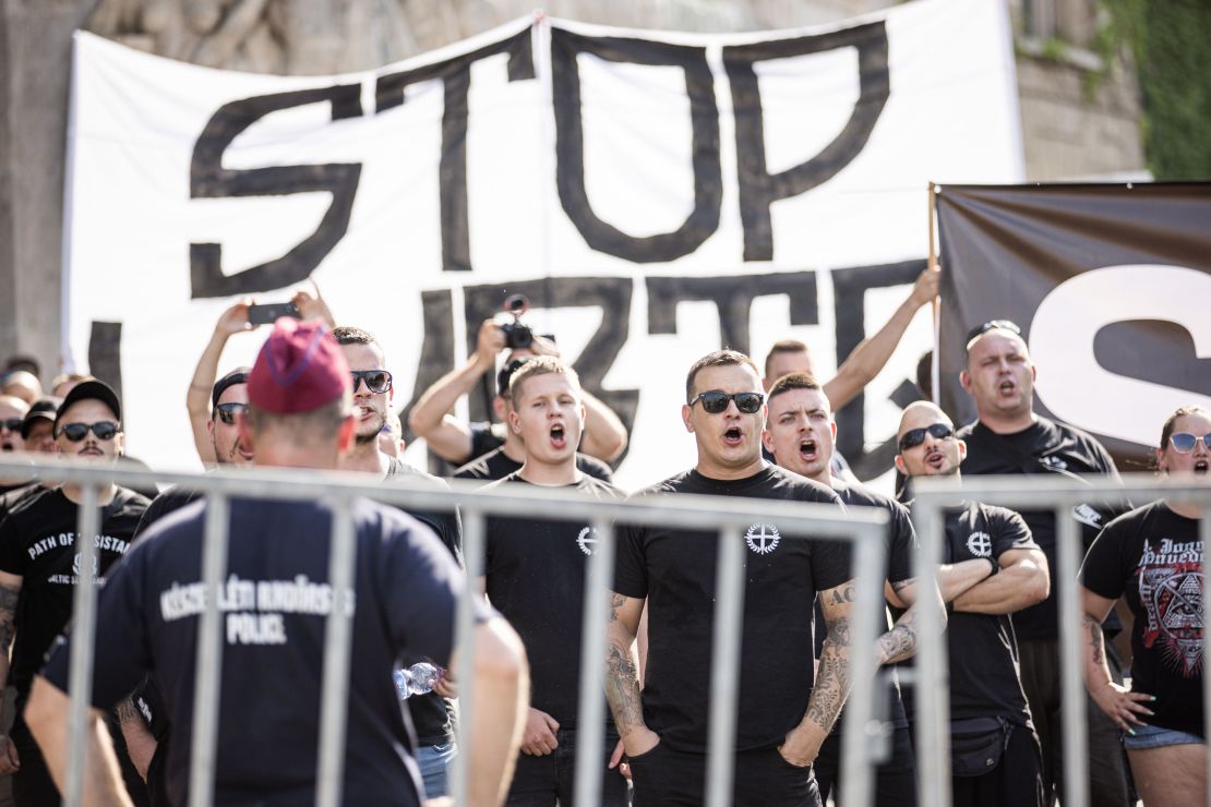 Counter-protesters chant during the annual Pride parade in Budapest, Hungary in June, 2021