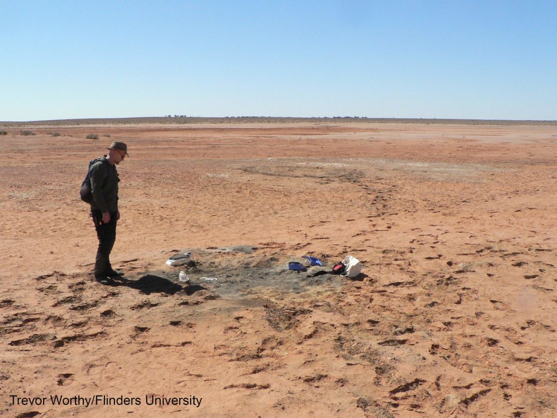 Flinders University palaeontologist Warren Handley at a dig site near Lake Pinpa, South Australia.