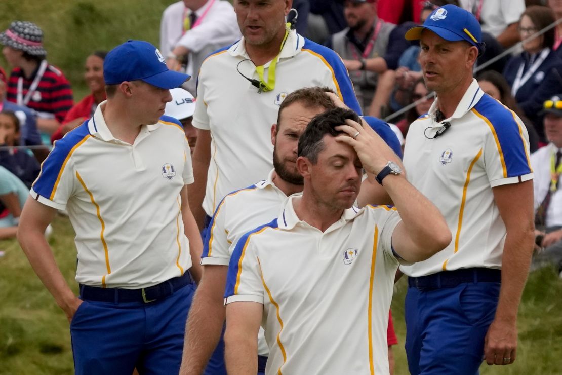 McIlroy reacts after Europe's loss to the US at the Ryder Cup.