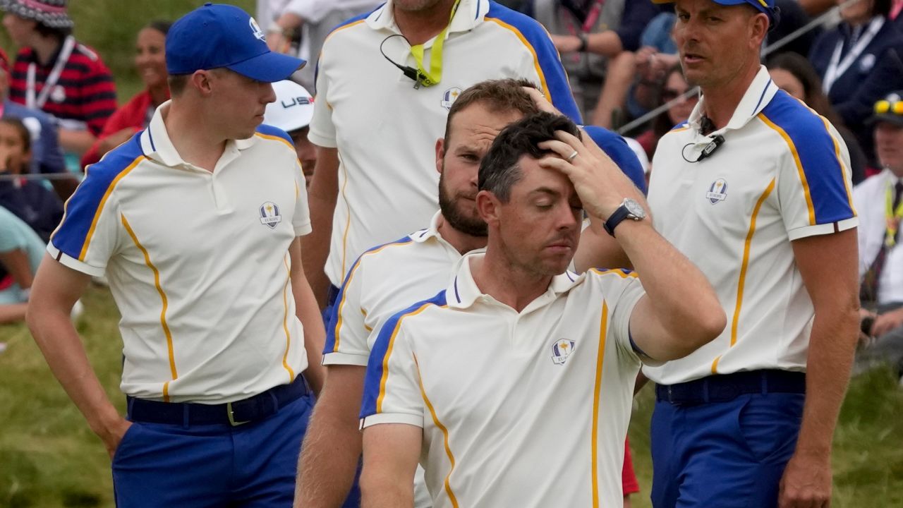 McIlroy reacts after Europe's loss to the US at the Ryder Cup.