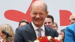 27 September 2021, Berlin: On the day after the Bundestag elections, Olaf Scholz, the SPD's candidate for chancellor, is on stage at the Willy Brandt Haus. Photo: Wolfgang Kumm/dpa (Photo by Wolfgang Kumm/picture alliance via Getty Images)